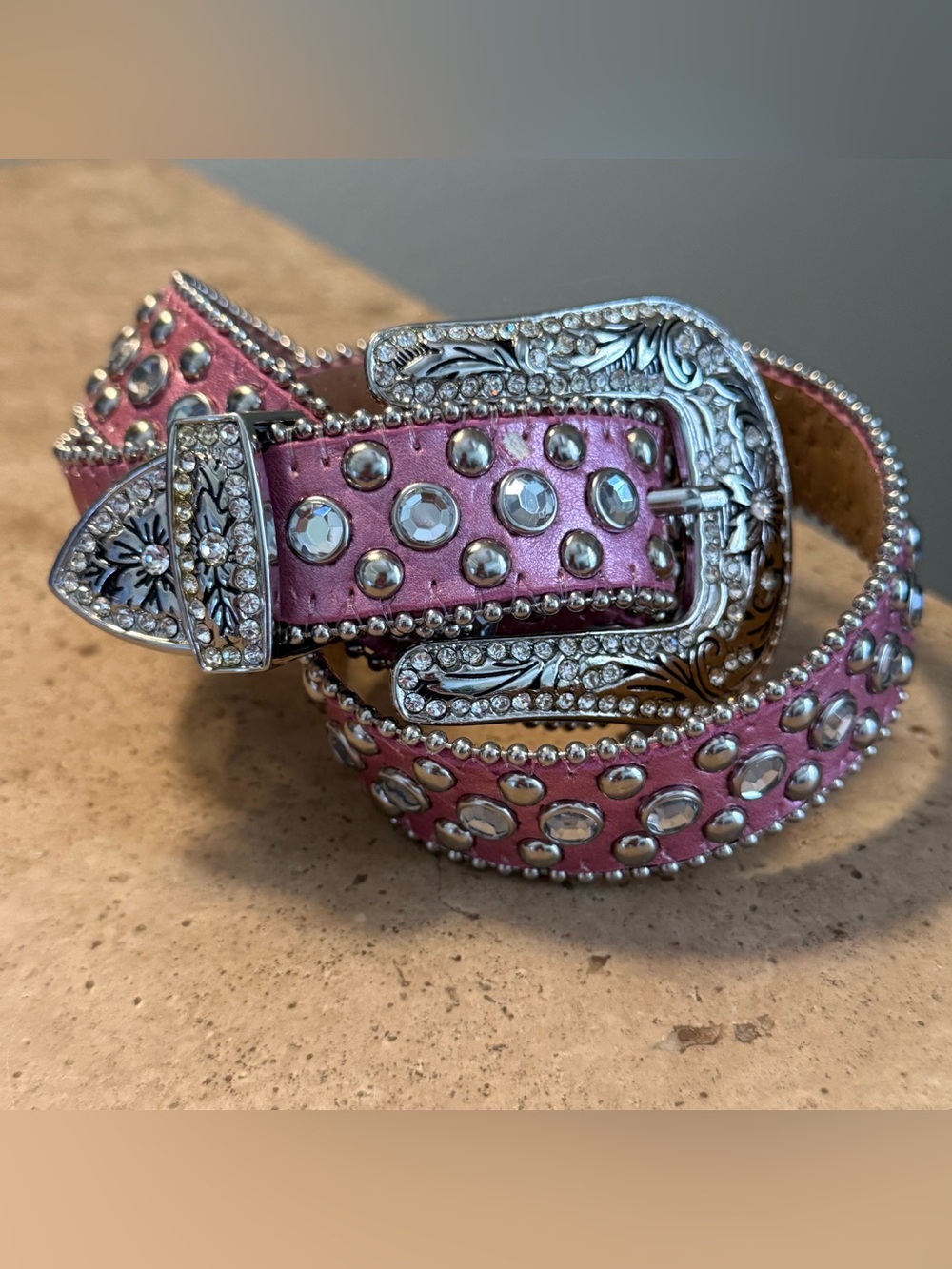 Vintage Christine Alexander Pink Leather Rhinestone Studded Western Belt-Size M
